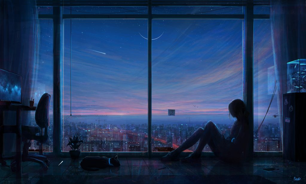 4865×2929 美女坐在高楼窗台看城市美景动漫电脑桌面高清壁纸