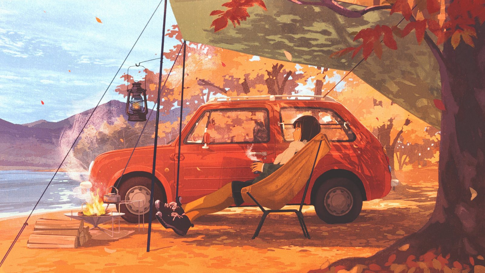 4096×2304 动漫女孩和红色汽车动漫艺术绘画壁纸