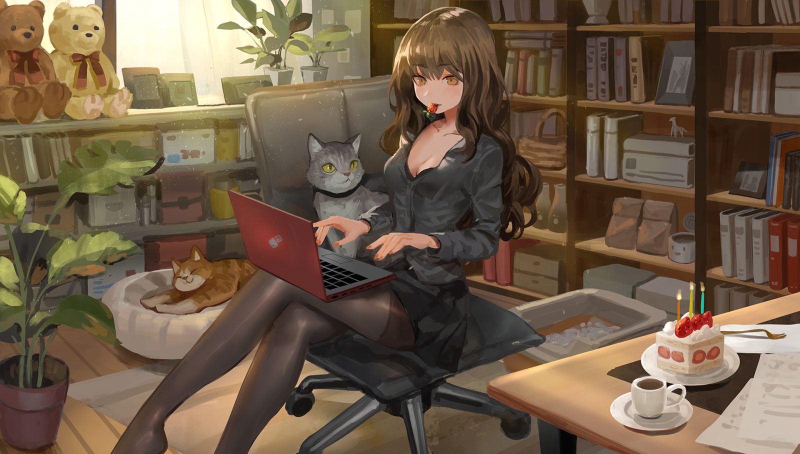 Anime 1920×1089 动漫女生和猫坐在椅子上玩电脑