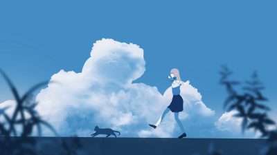 4096x2304 动漫女孩和猫 蓝天白云唯美风景壁纸