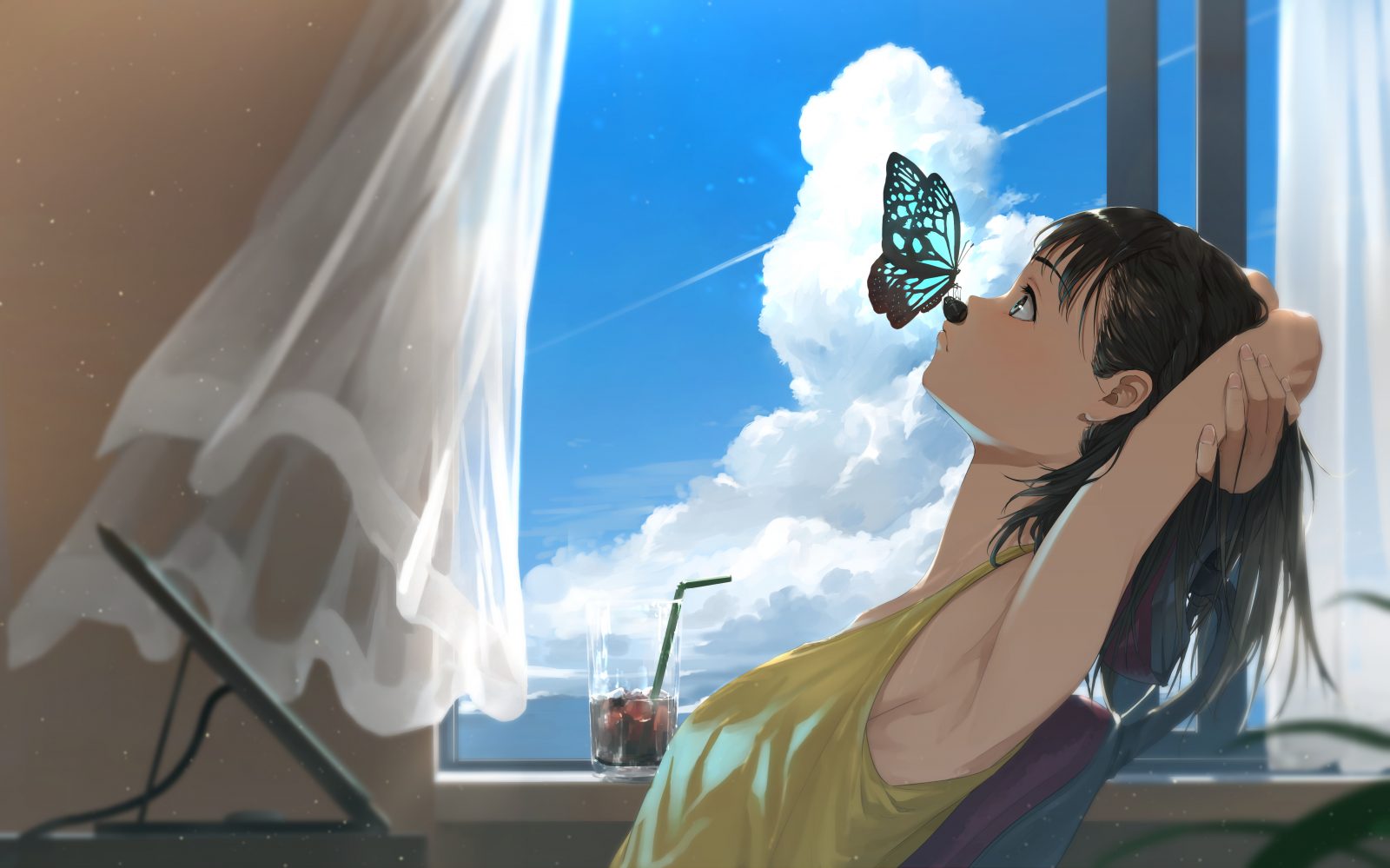 5616×3508 动漫风景蓝天白云 小女孩坐在窗前享受阳光
