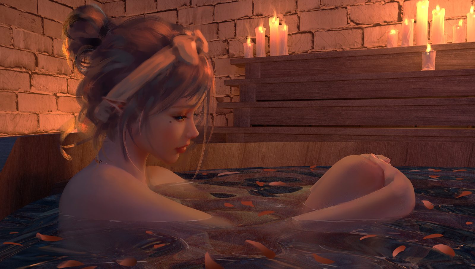 4000×2267 WLOP 作品系列：动漫美女在浴缸中泡澡 电脑壁纸
