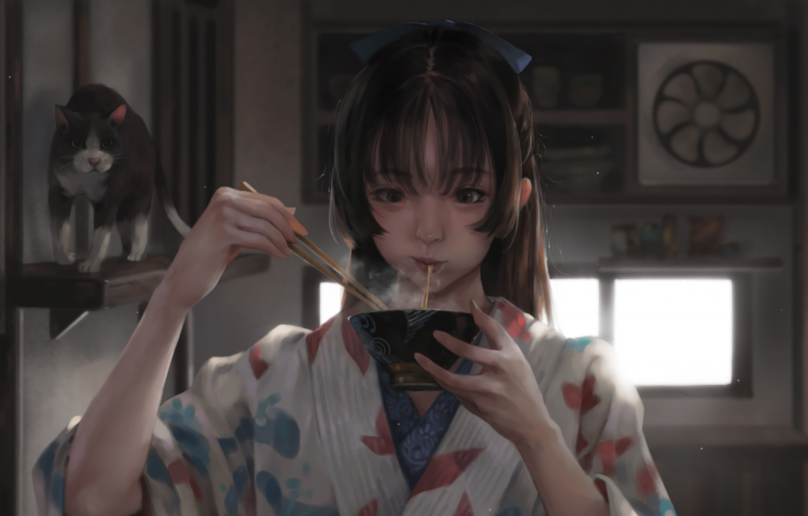 2160×1379 日本女生吃面条动漫壁纸图片