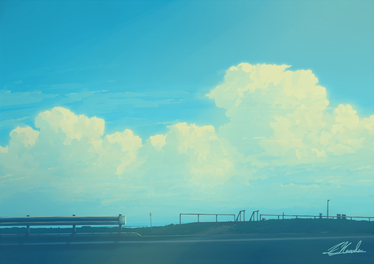 1300×919 唯美动漫风景蓝天白云和街道壁纸