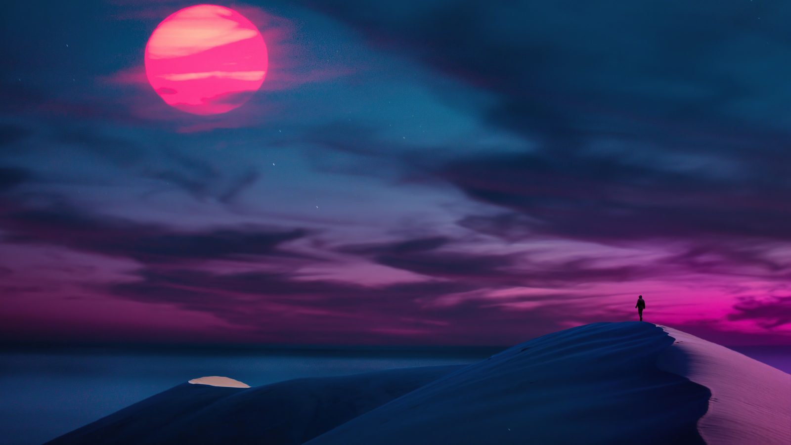 3840×2160 紫色的天空，日落夕阳，沙漠，云朵，太阳 风景壁纸