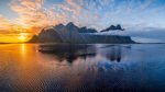 General 3840x2160 nature landscape Iceland Vestrahorn sea beach water sky clouds sunset reflection mountains sunset glow sunlight Sun