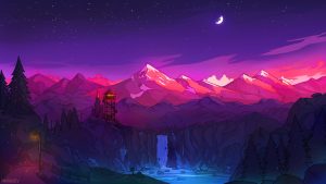 General 7680x4320 artwork digital art nature mountains waterfall Firewatch sky stars Moon crescent moon signature water trees snow snowy peak rmRadev