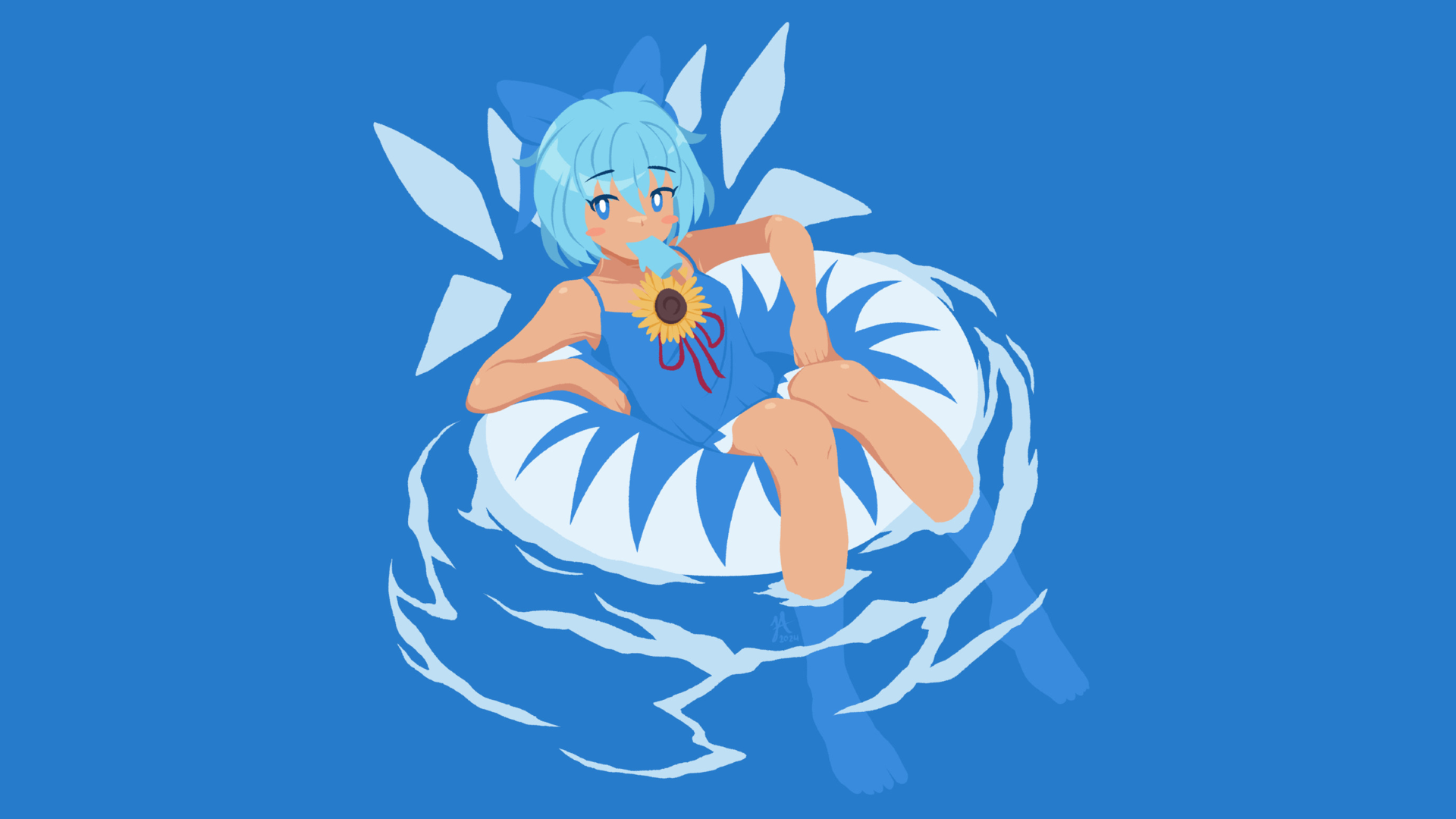 7j1yrv 1920×1080 Cirno tanned blue blue background Touhou