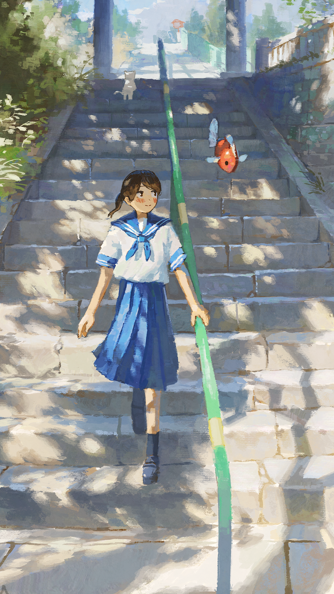 anime w5lyqp 1080×1920 fjsmu schoolgirl women outdoors fish Asian architecture