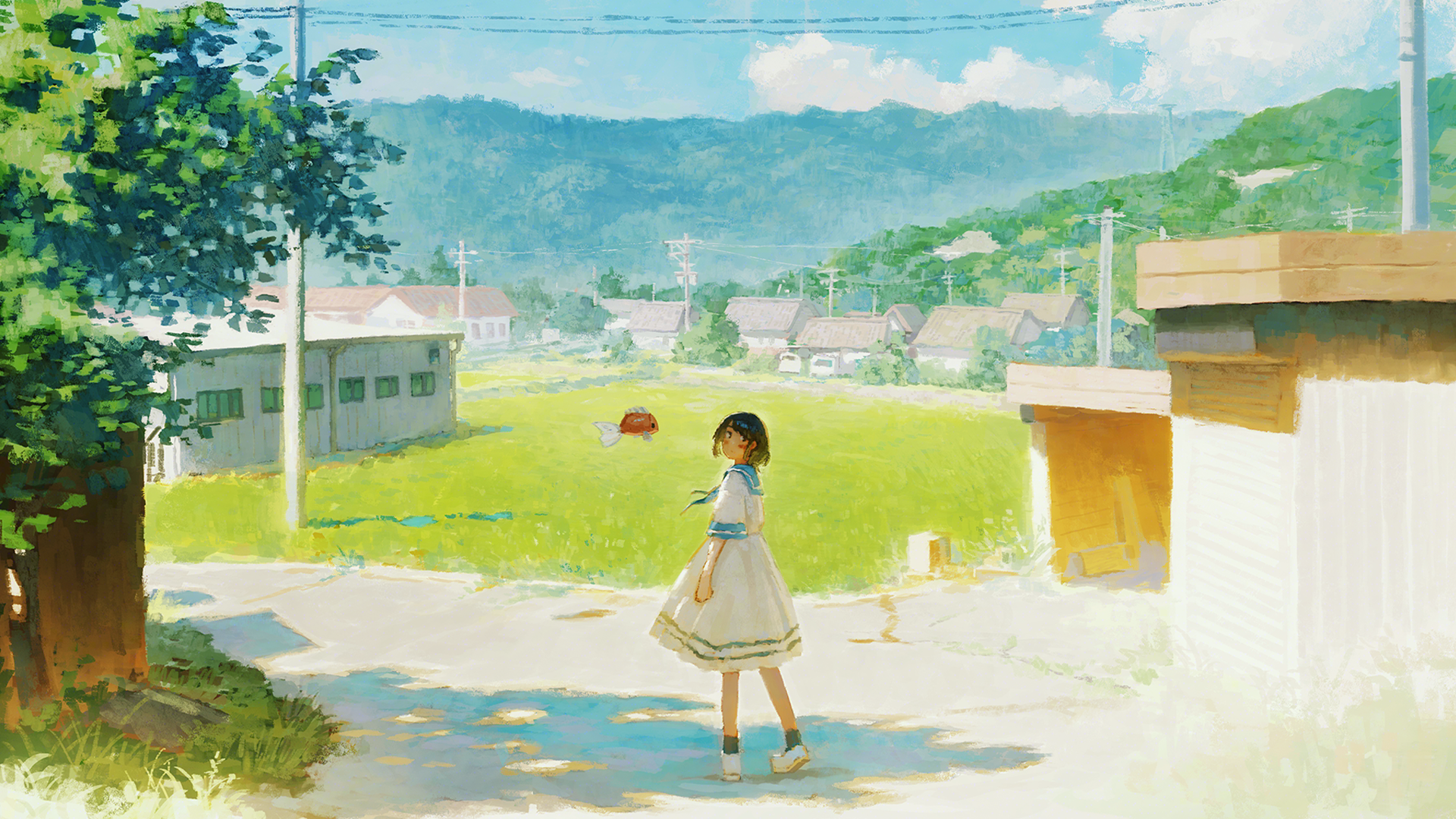 anime 9o86m1 1920×1080 fjsmu women outdoors fish grass Asian architecture