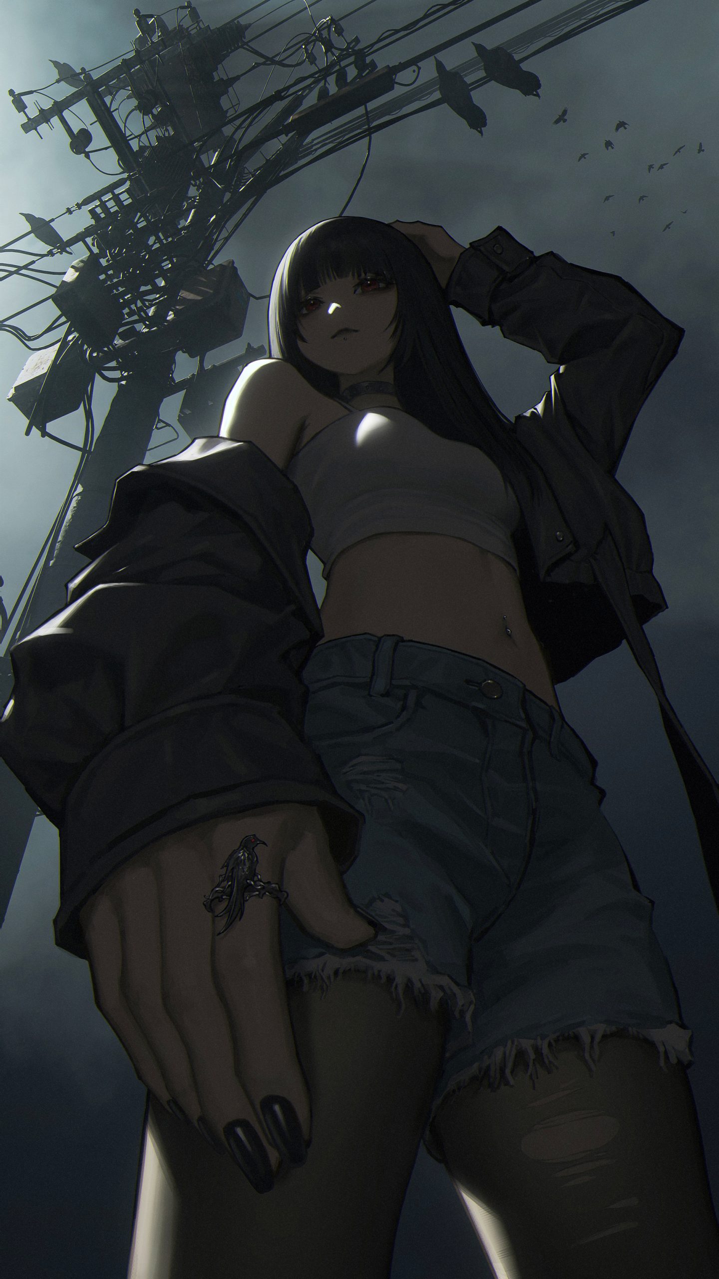 anime mlw968 1888×3356 anime girls power lines long hair red eyes birds