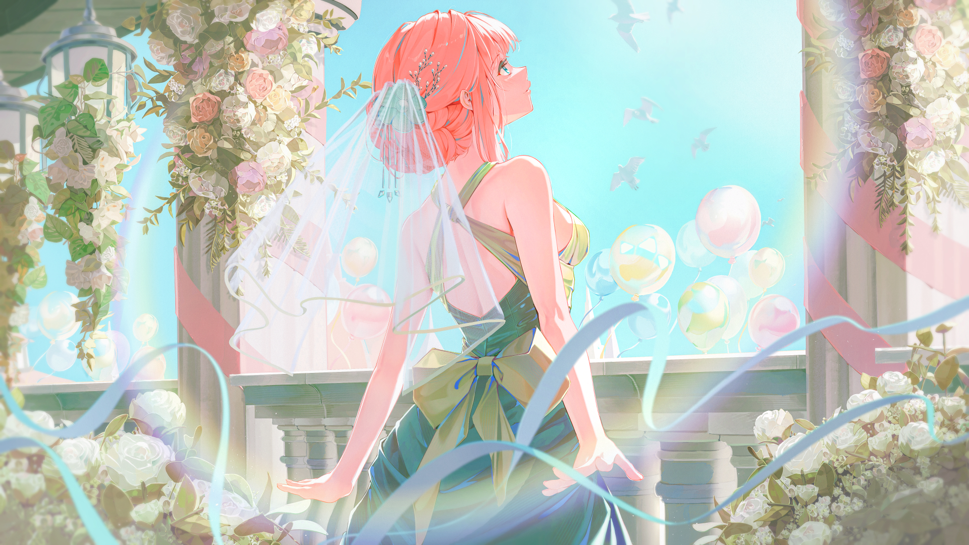 anime qrg2g7 1920×1080 anime girls looking up green eyes green dress hair ornament