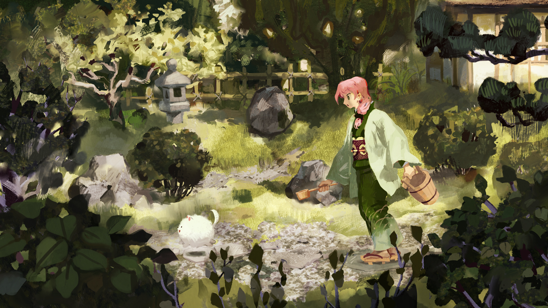 anime 1qxpy3 1920×1080 Teeziro Japanese Garden garden Asian architecture dog