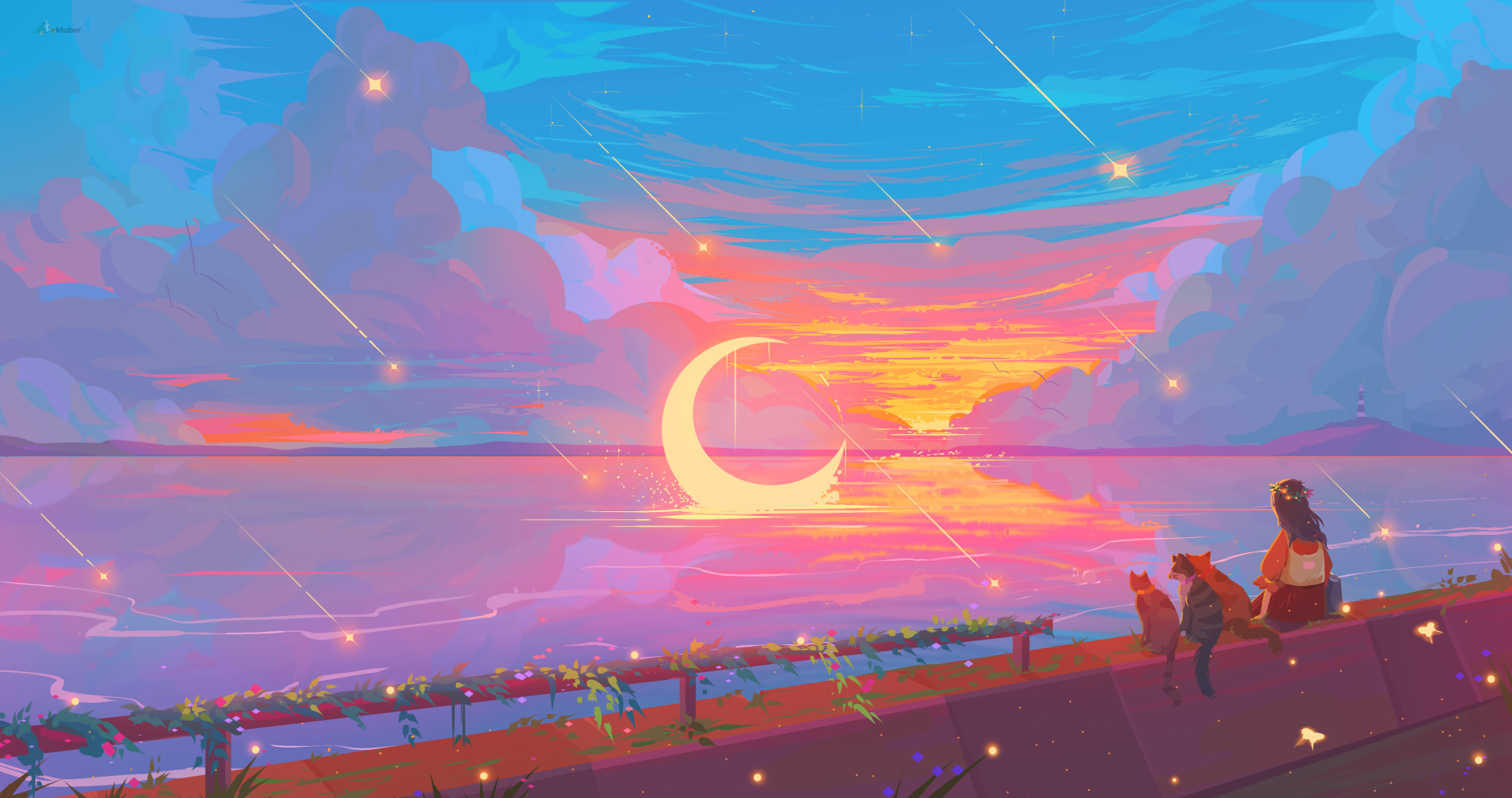 5y5211 4096×2160 Arina Konstantinova digital art crescent moon clouds stars