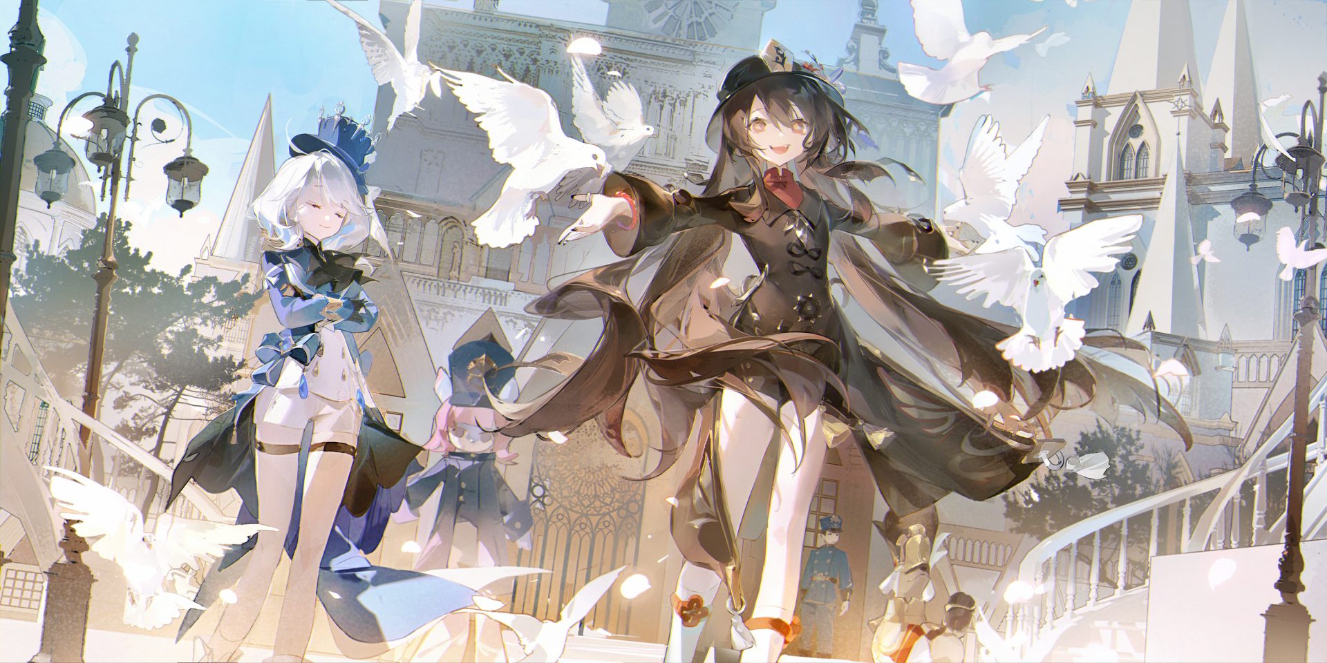 w562l6 3000×1500 Furina (Genshin Impact) Hu Tao (Genshin Impact) Genshin Impact sky video game girls