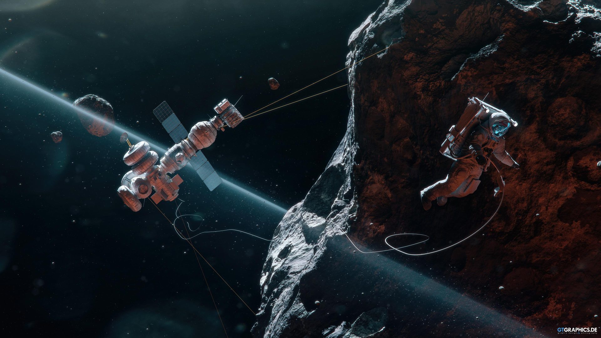 7j1d73 3840×2160 GTGraphics space space station astronaut asteroid