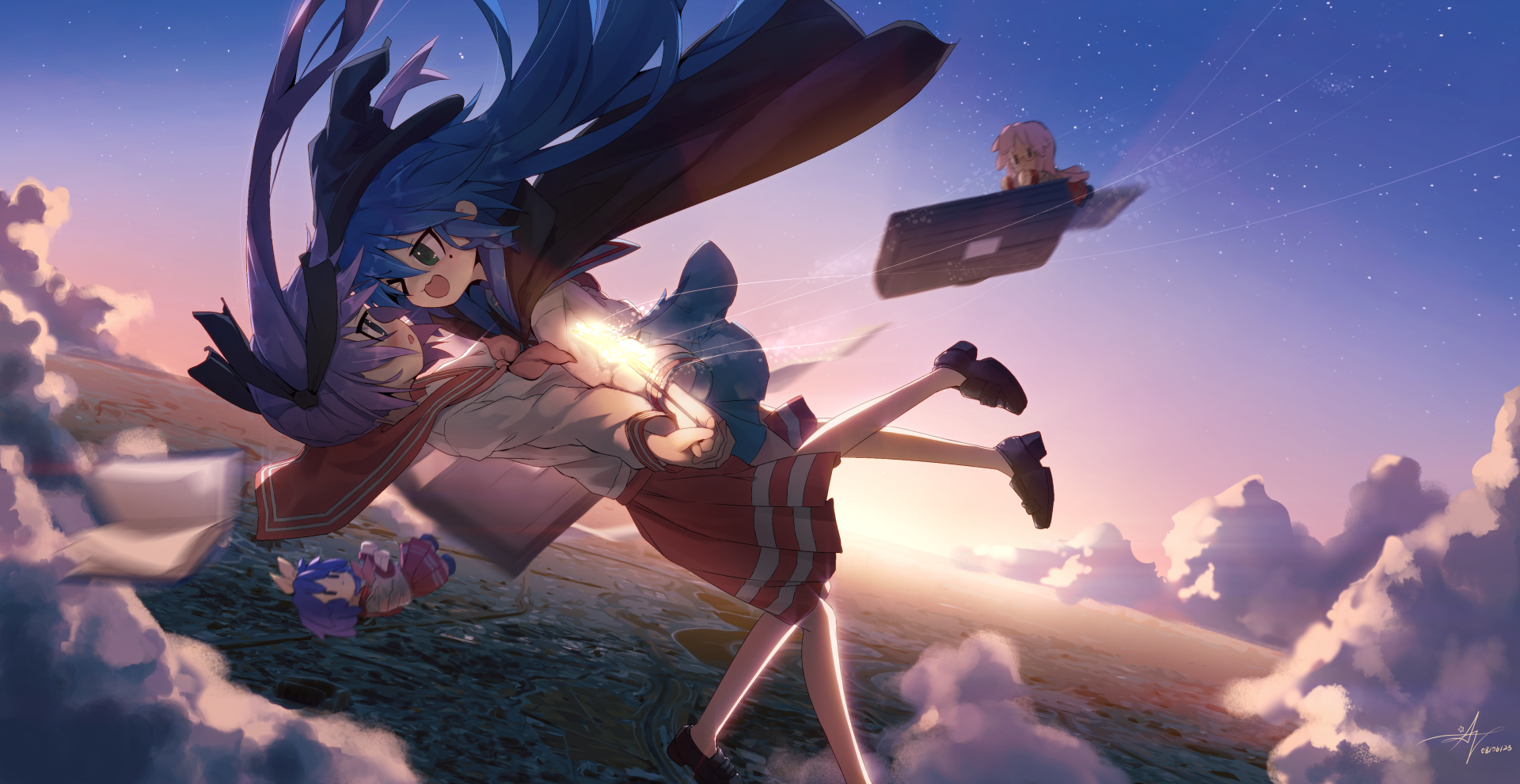 vpo7r3 4677×2414 Lucky Star Izumi Konata Hiiragi Kagami clouds Hiiragi Tsukasa