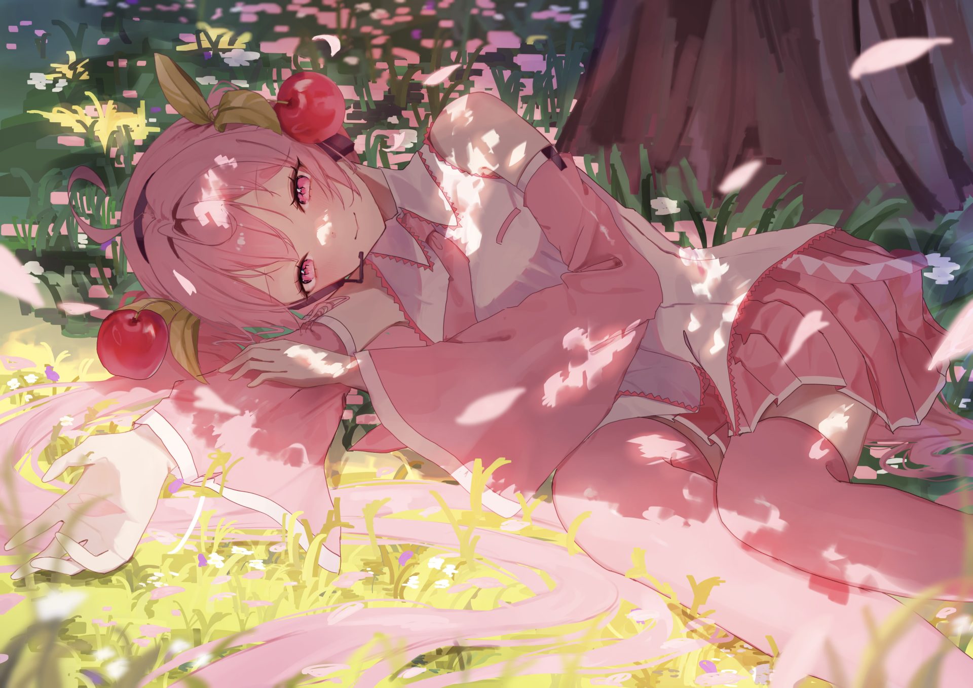 anime rqyv9w 4246×3000 Vocaloid lying on side Sakura Miku sleeveless Hatsune Miku