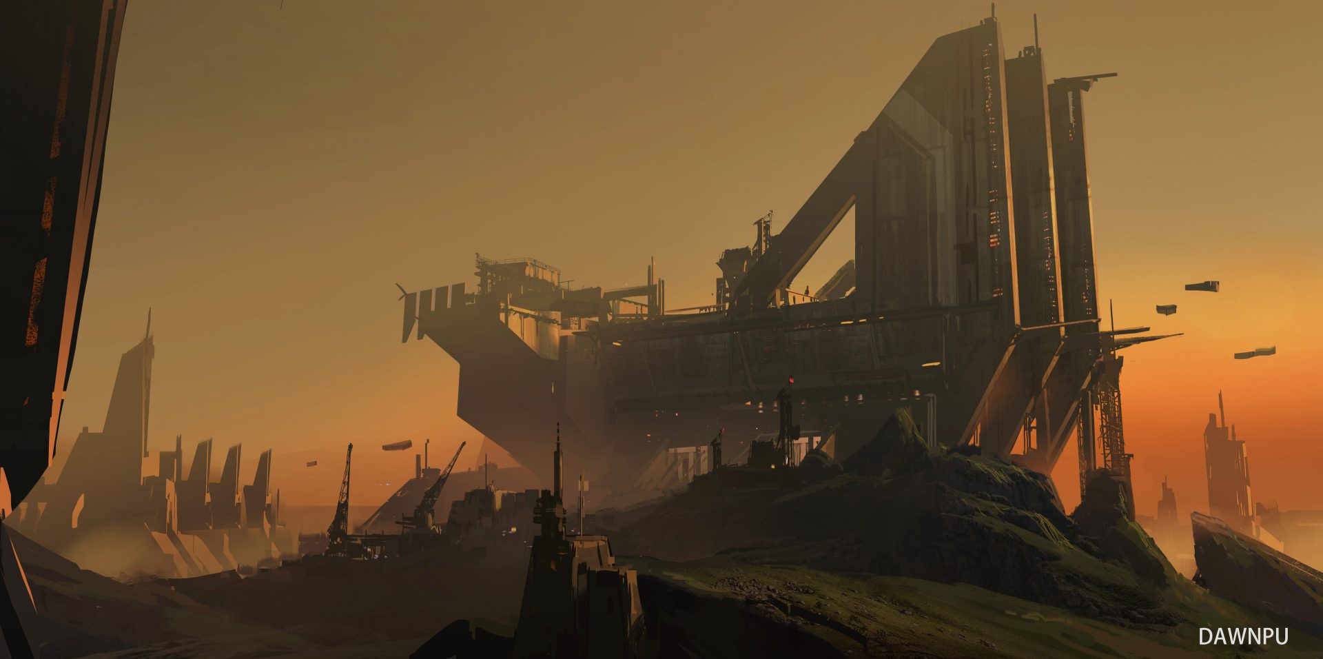 general poj89m 3840×1911 Dawnpu science fiction spaceship sky sunset