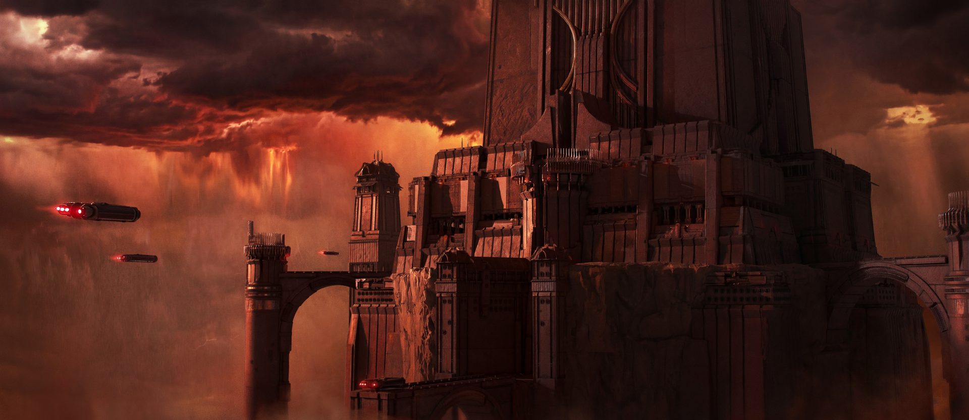 general poj8km 3840×1666 Pierre Deschamps red red sky science fiction spaceship