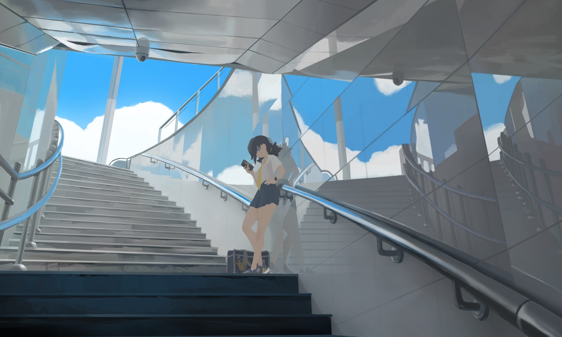 anime 6l2qdw 3000×1800 anime girls sunlight stairs clear sky clouds