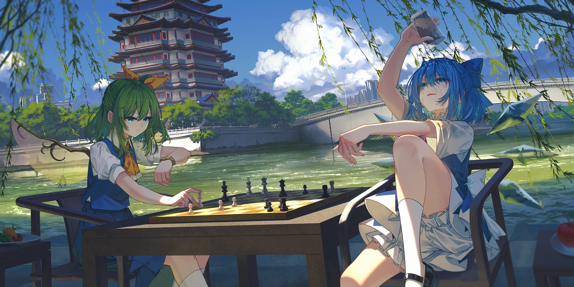 anime jekxjq 2000×1000 Touhou women outdoors Cirno chess sitting