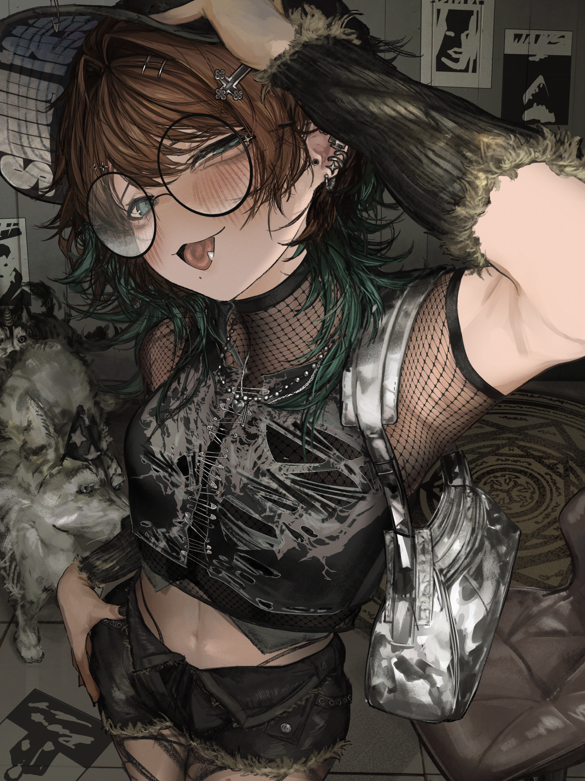 anime poj95e 2508×3344 original characters glasses hand on head green eyes looking at viewer