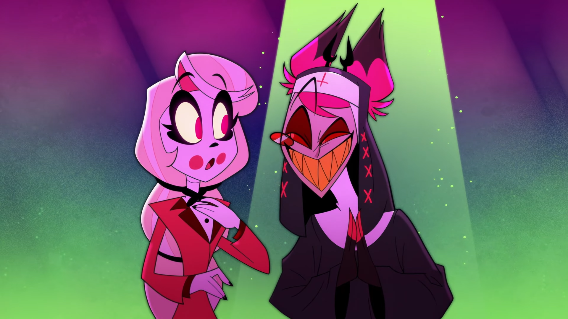 1qdzk9 1920×1080 Hazbin Hotel Alastor (Hazbin Hotel) Charlie (Hazbin Hotel) simple background smiling