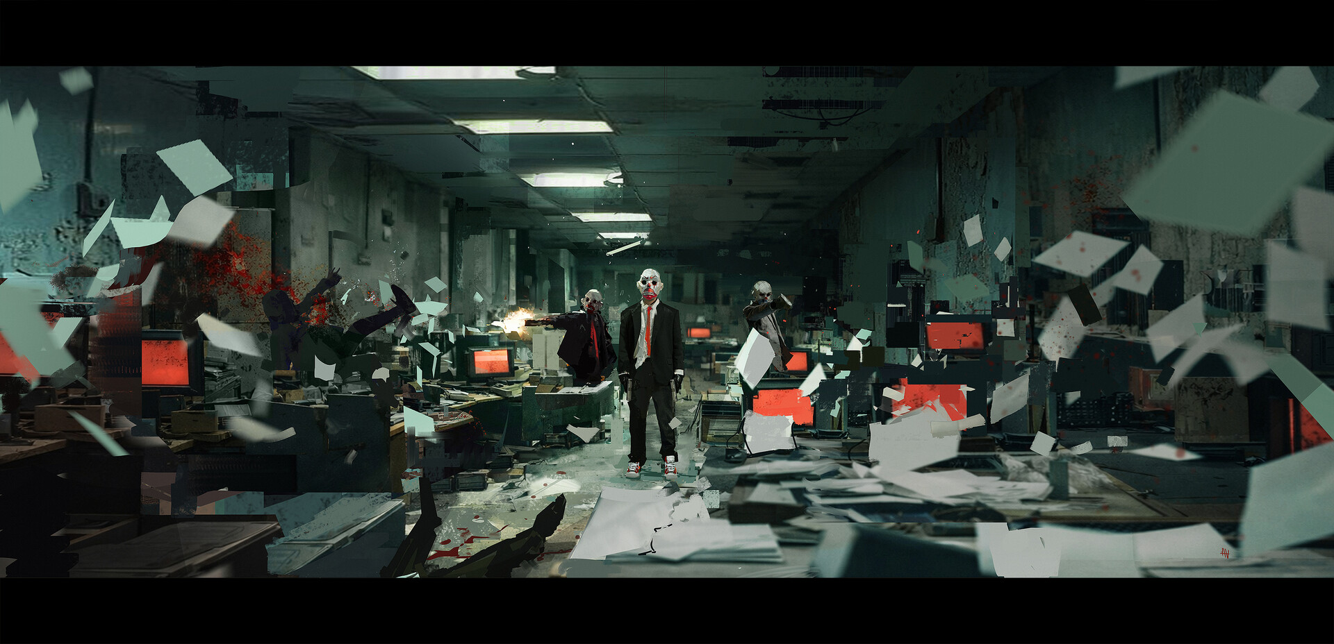 d8kr1j 1920×928 Alex Alekseenko digital art blood Gang office