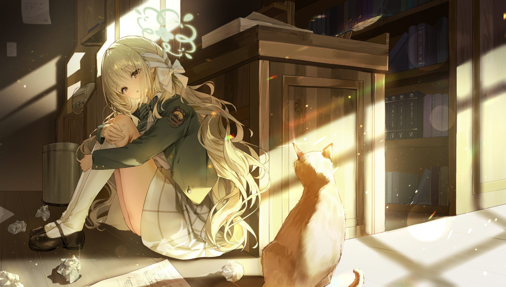 6l5rwx 2696×1528 Miyo (Blue Archive) Blue Archive cats halo holding knees