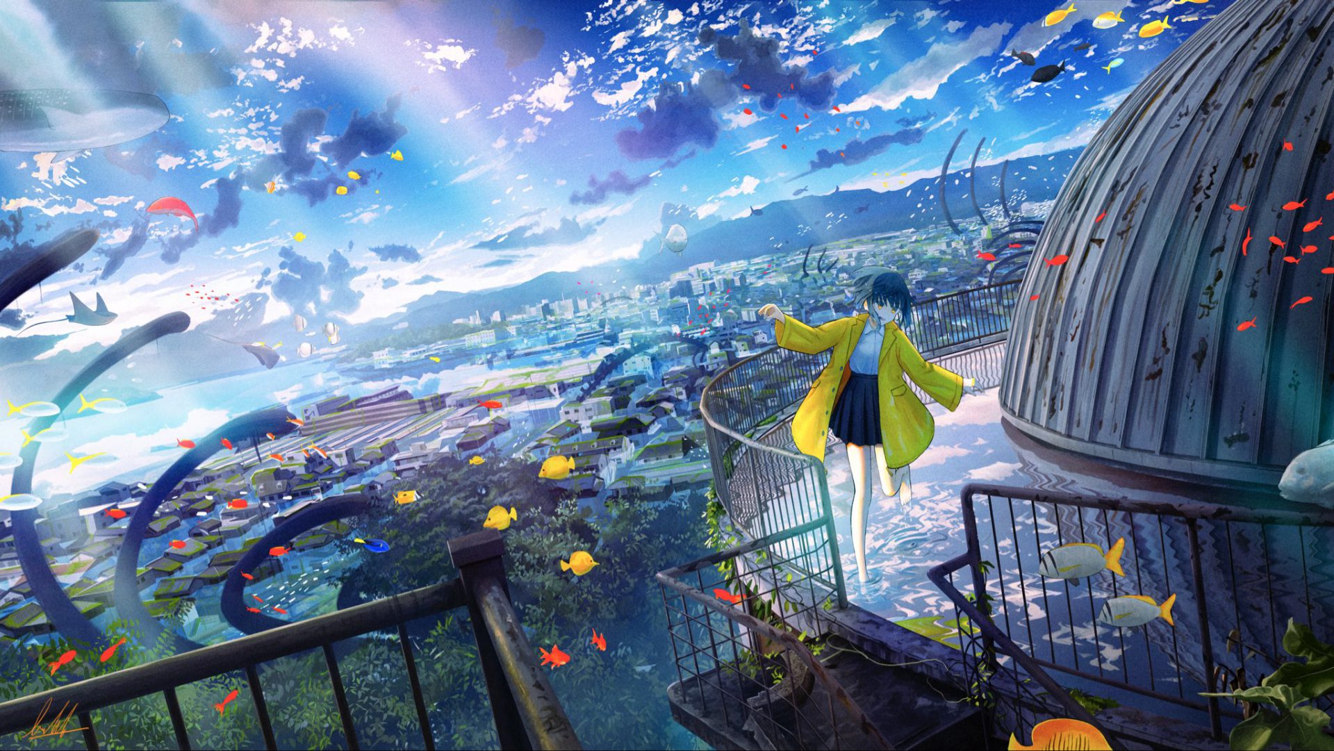 vpo8k8 2048×1153 anime girls pleated skirt women outdoors clouds sky
