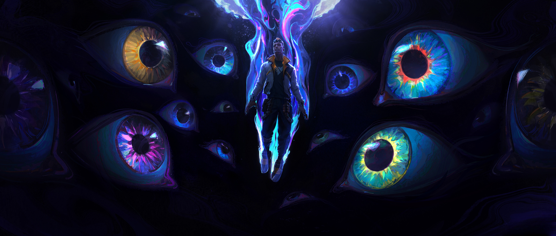 pow6p9 3840×1630 Valorant eyes dark glowing video game art