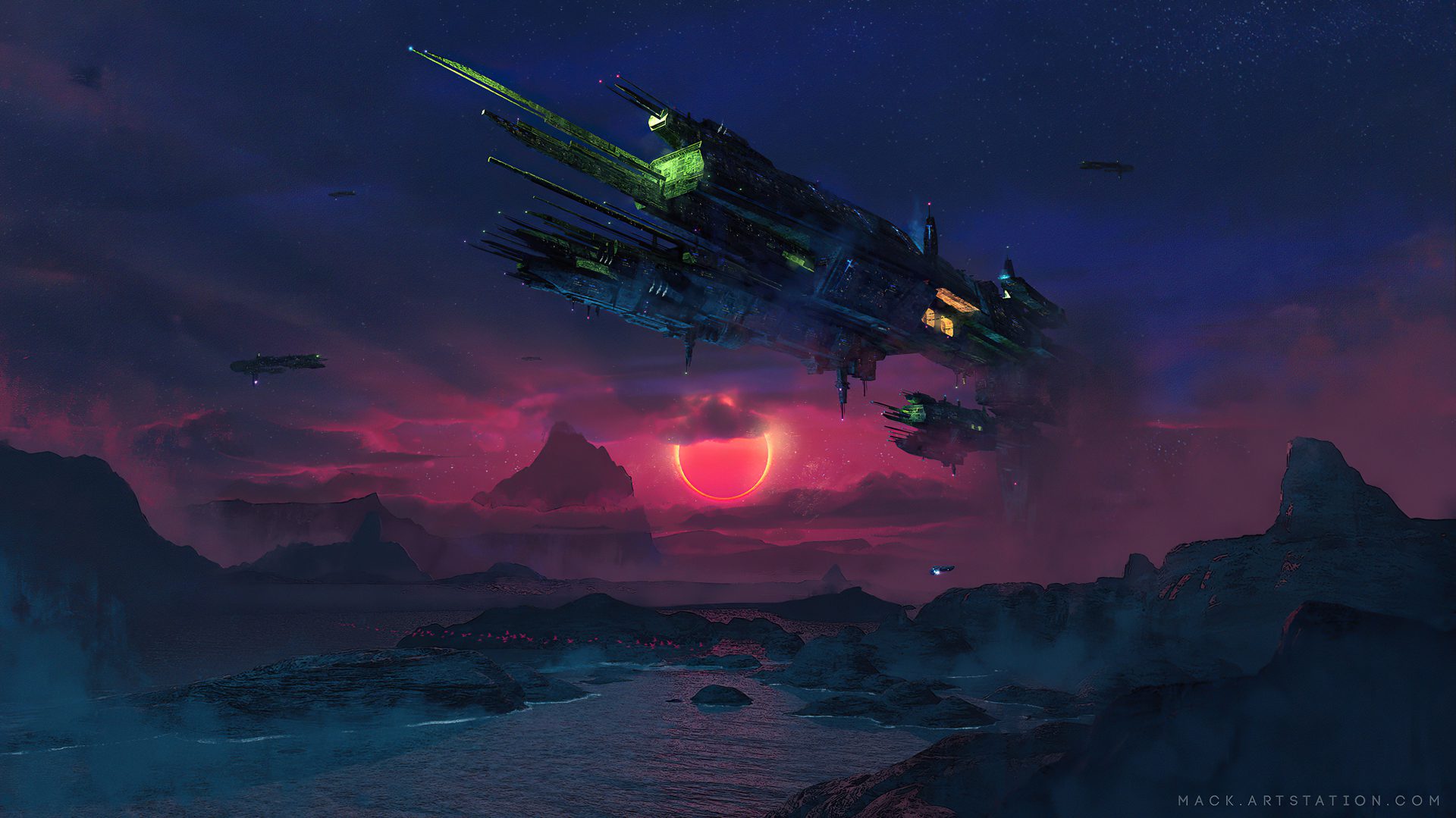qr379q 3840×2158 Mack Sztaba sky sunset spaceship ship