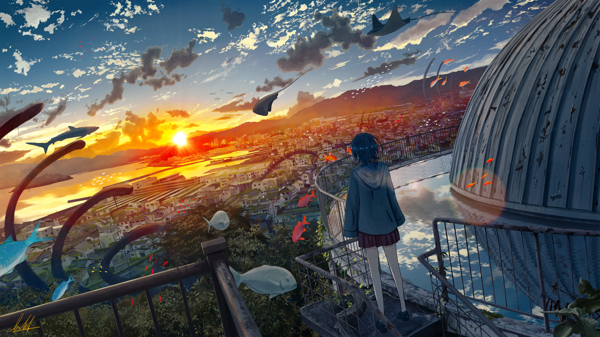 gwqy67 4500×2532 anime anime girls fish sunset clouds