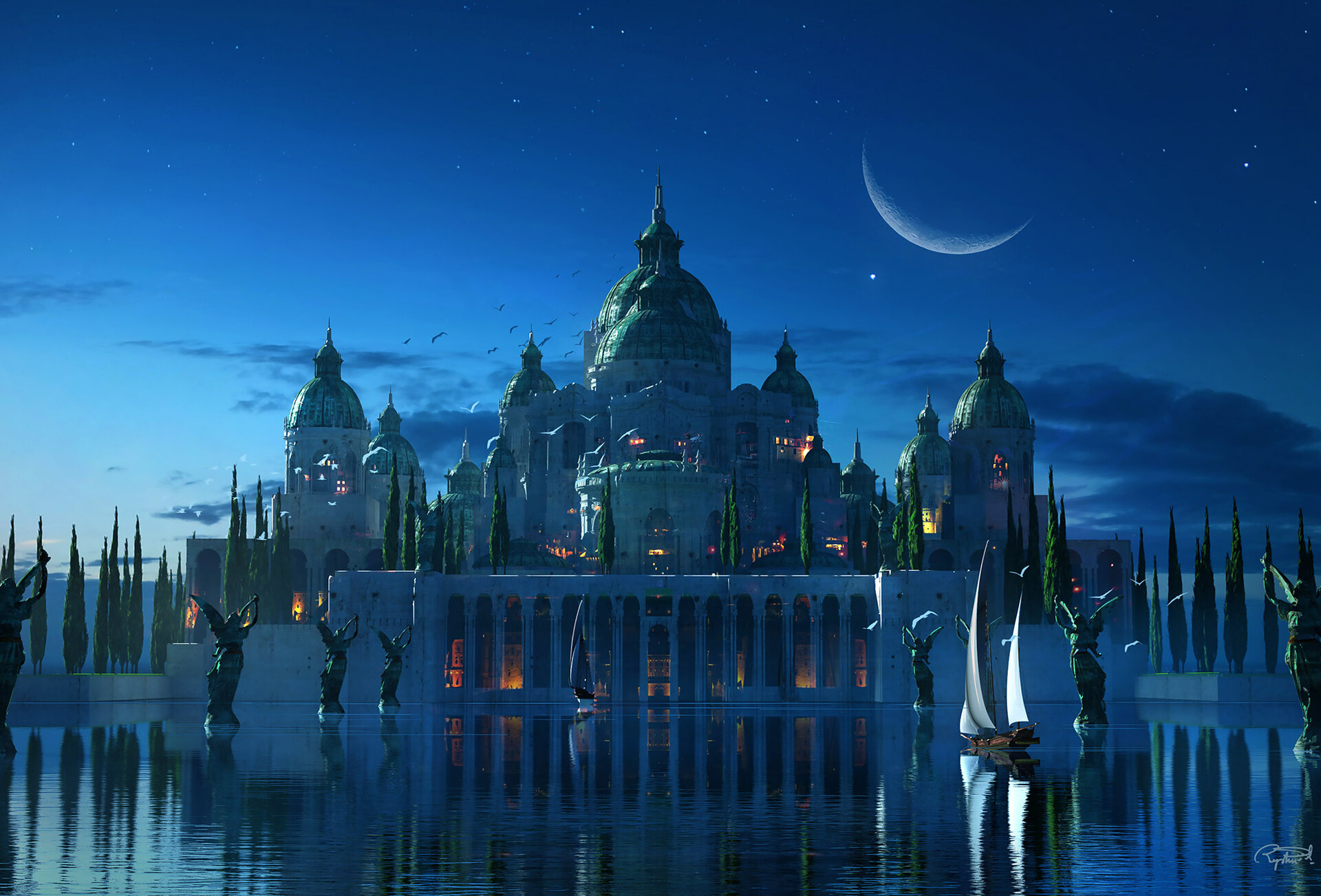 general 7jwwmo 1920×1303 Raphael Lacoste ArtStation palace boat Moon