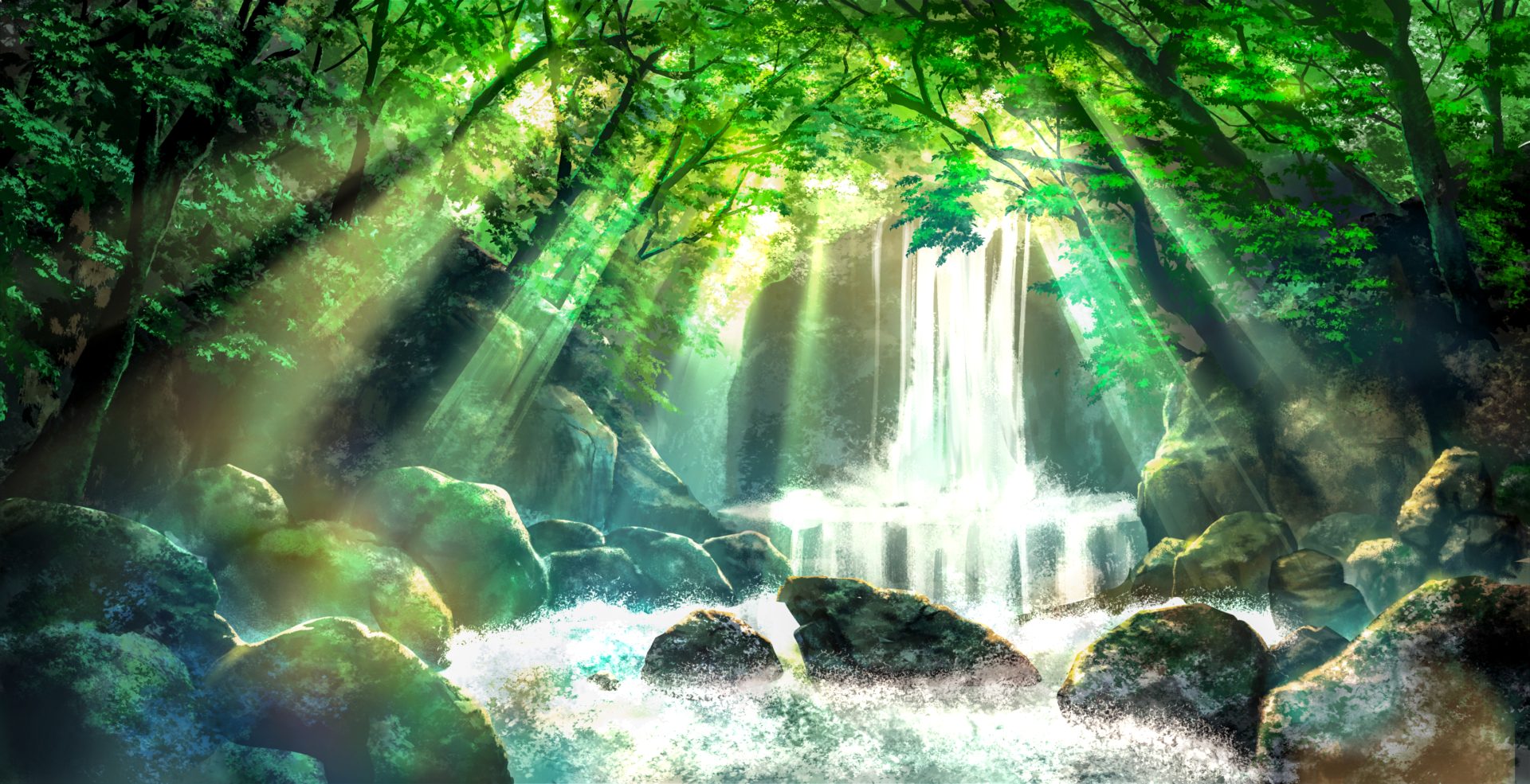 general 7jwwoo 4093×2100 forest trees water sunlight waterfall