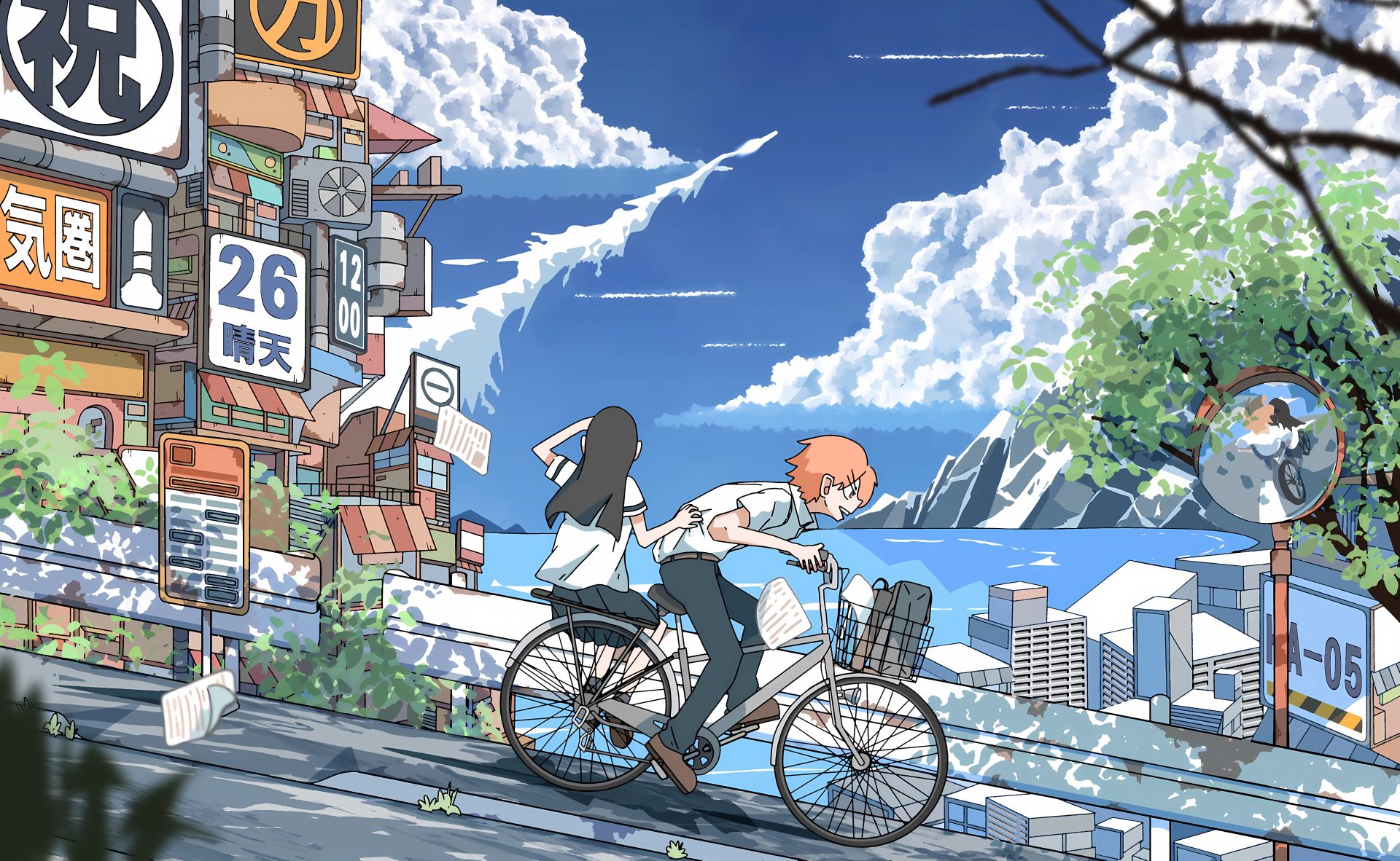 anime pojpdm 9744×6000 anime girls anime boys bicycle clouds Japanese