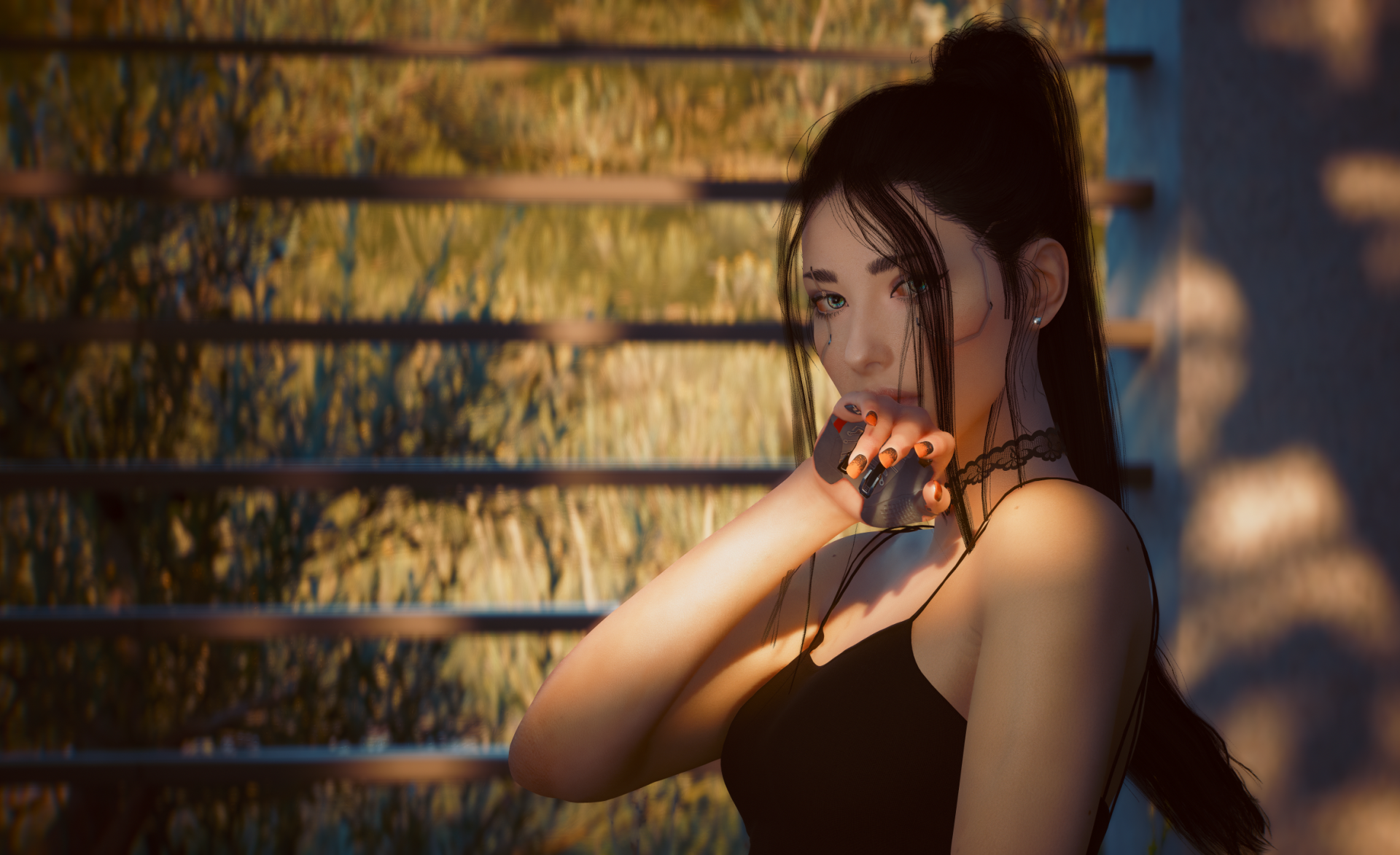 general 7jwk7e 2358×1440 Cyberpunk 2077 V (Cyberpunk 2077) choker painted nails ponytail