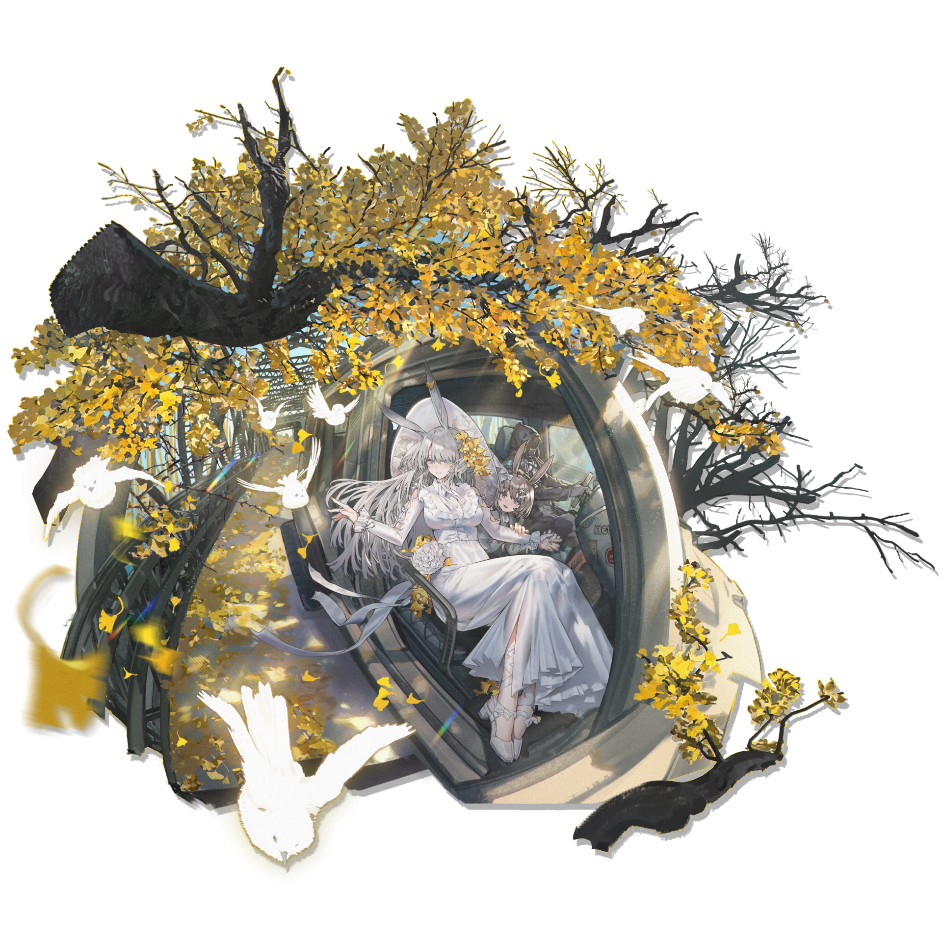 anime rqjdkw 2560×2560 transparent background Amiya (Arknights) birds Doctor (Arknights) leaves